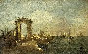 Francesco Guardi Landschap met een kade en schepen op een meer oil